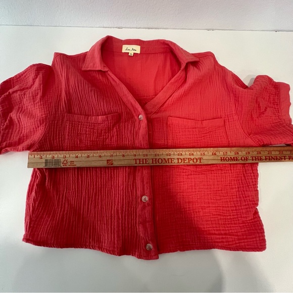 Love Notes Coral Orange Boxy Shirt Size L Button Down 100% Cotton Gauzy Look - Picture 7 of 8